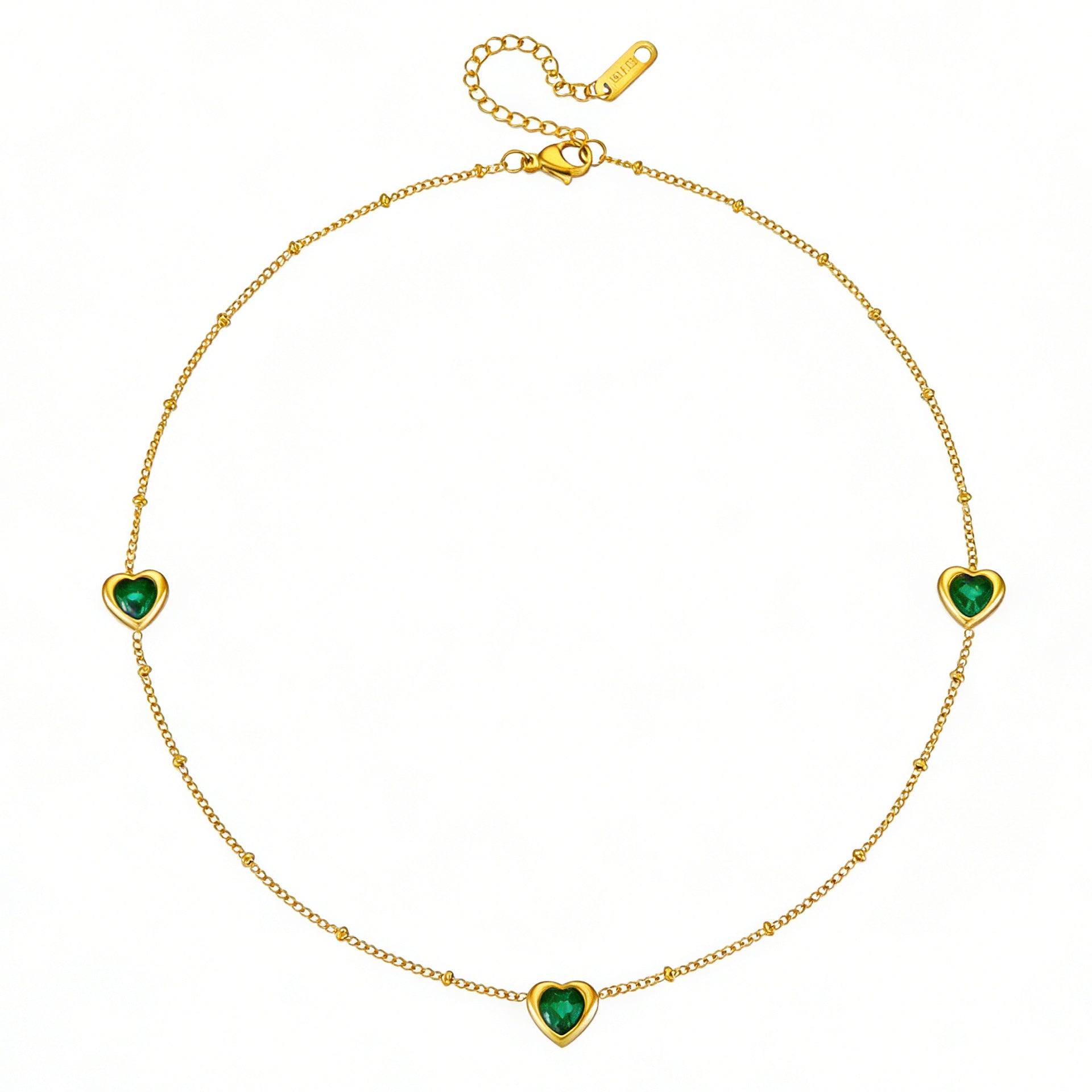 K Stainless Steel Necklace And Bracelet With Inlaid Green Diamond Hearts