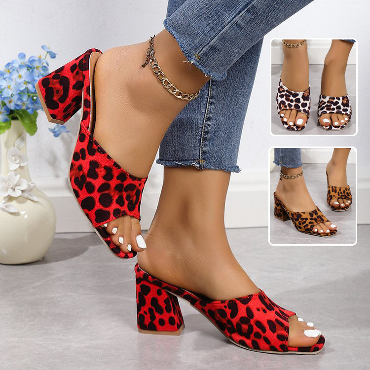 K Leopard Square Toe Sandals Summer High-heeled