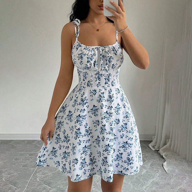K Floral Print Dress Summer Sweet A- Line Waist Trimming Dresses Women's Slimming Casual Clothing