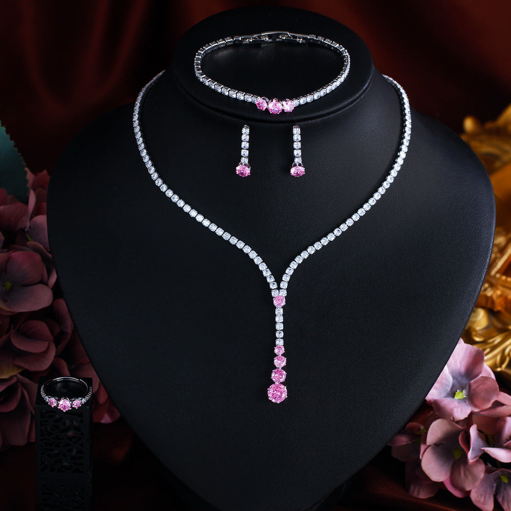 K Luxury Zircon Necklace Earrings Bracelet And Ring Set 4-piece Set