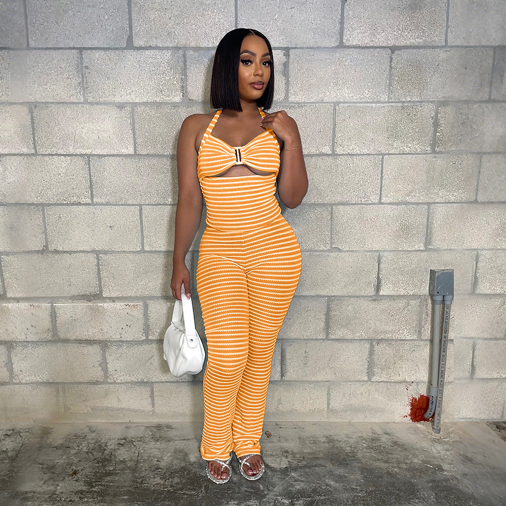 K Outerwear Paired With Slim-fit Pencil Pants Two-piece Jacquard Striped Set