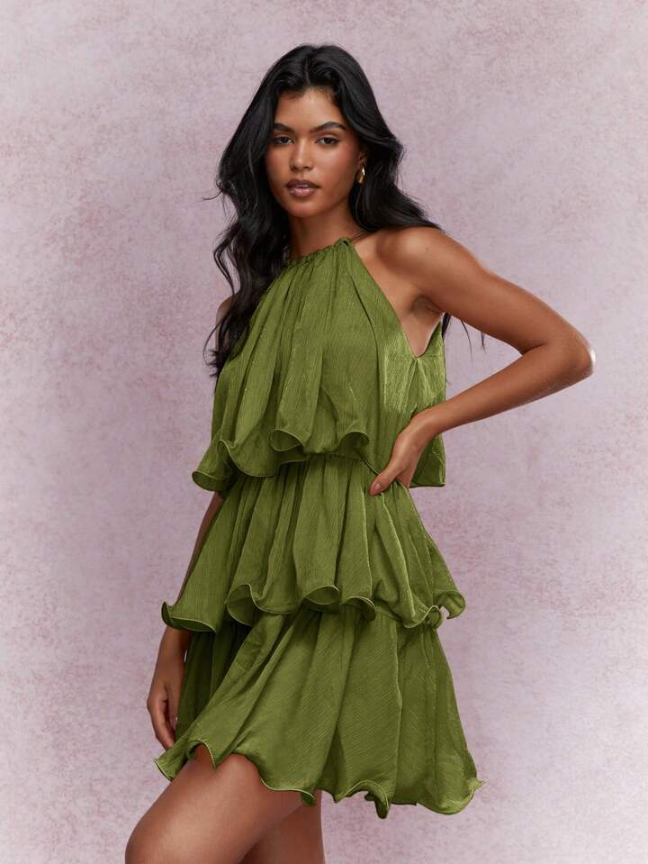 K Elegant Halter Neck Sleeveless Strapless Sheer Layered Dress - Ruffled Hem Elegant Women's Summer Party Dress  Beach Vacation Outfits