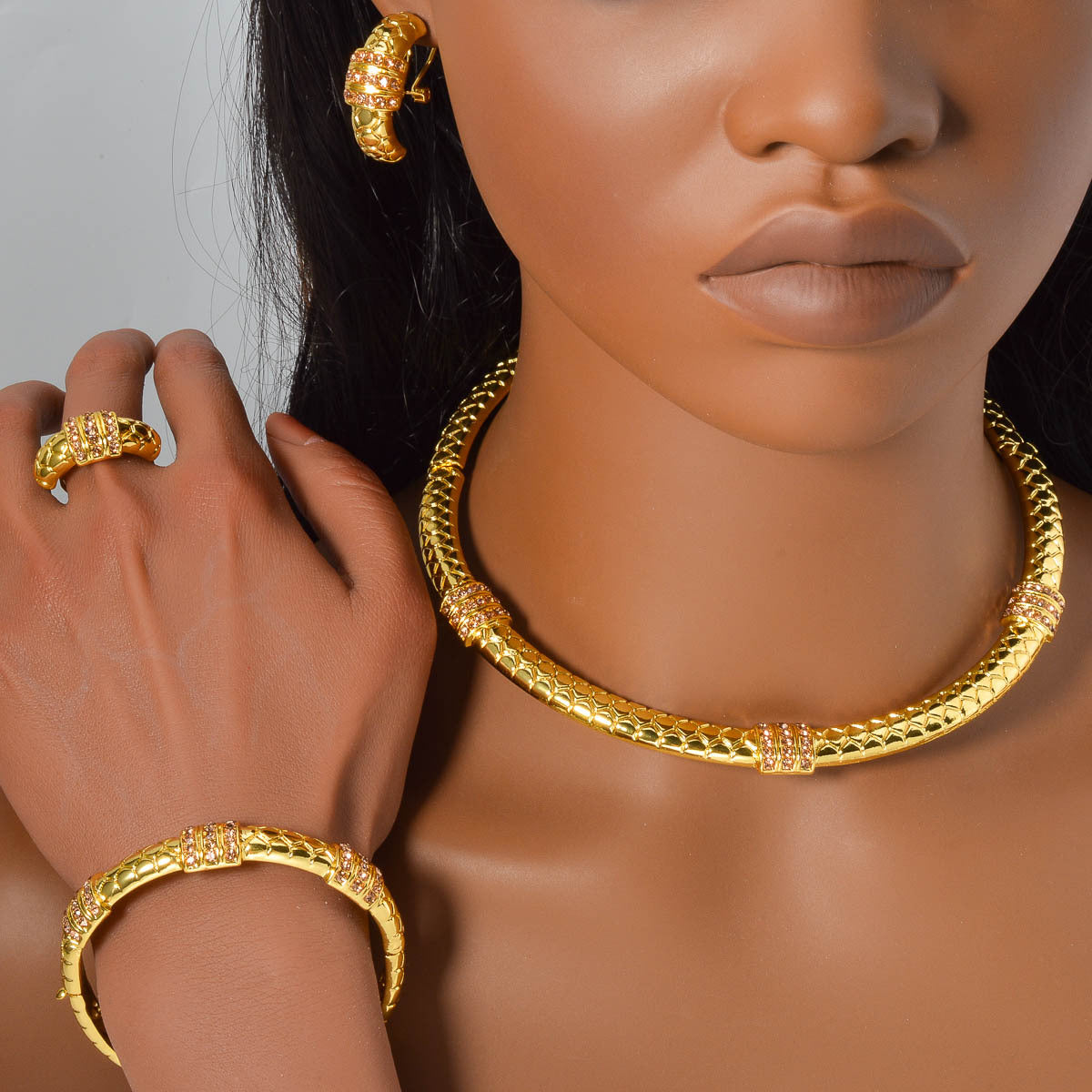 K style Diamond-studded Ring Bracelet Necklace And Earring Set