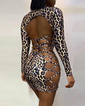 K Leopard Print  Back Lace Bag Hip Short Dress