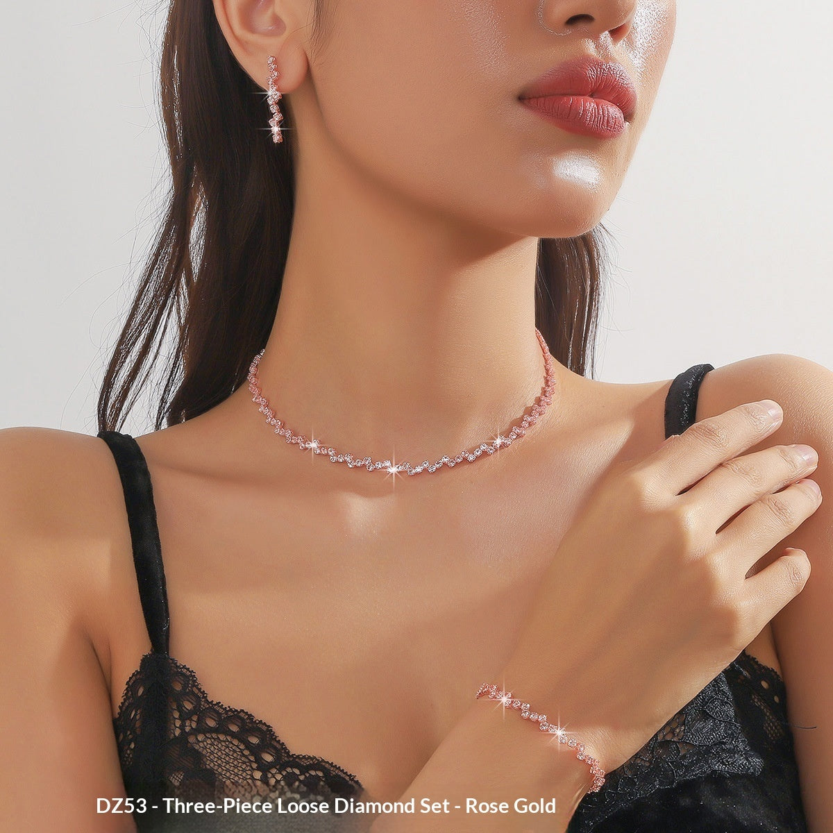 K Zircon Necklace Earrings And Bracelet Setthree-piece Set