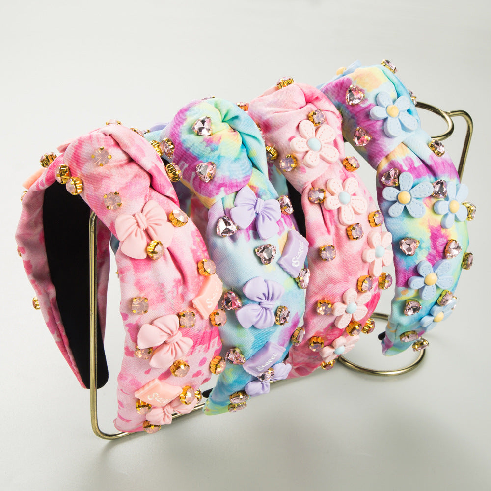 K Tie-dyed Fabric Diamond Headband Flower Bow Tie