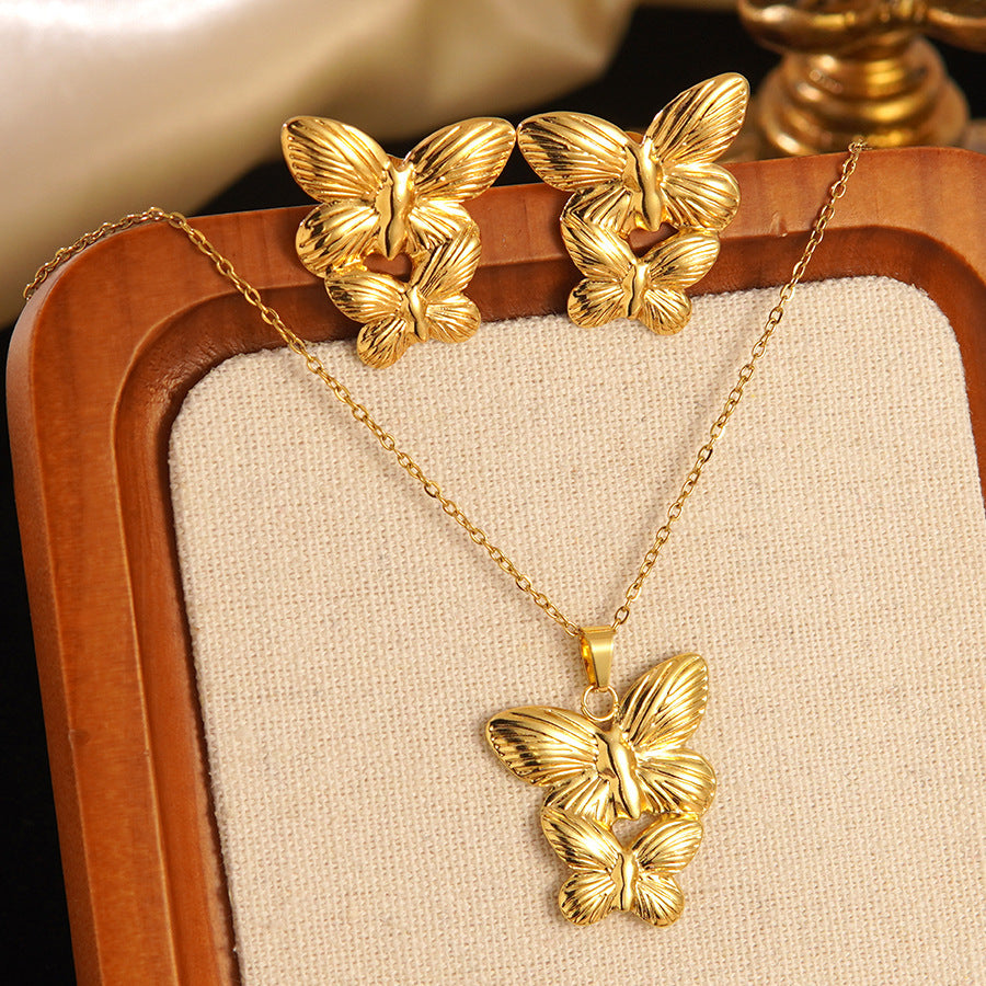 K Stainless Steel Heart Bow Flower Necklace And Earrings Set
