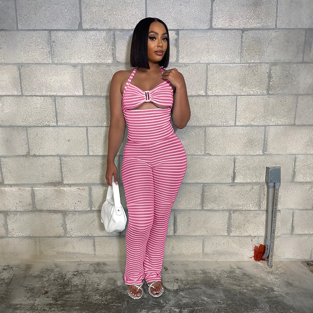 K Outerwear Paired With Slim-fit Pencil Pants Two-piece Jacquard Striped Set