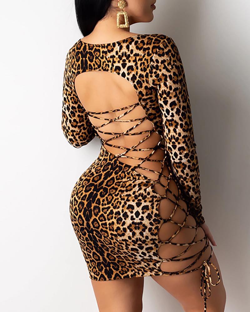 K Leopard Print  Back Lace Bag Hip Short Dress