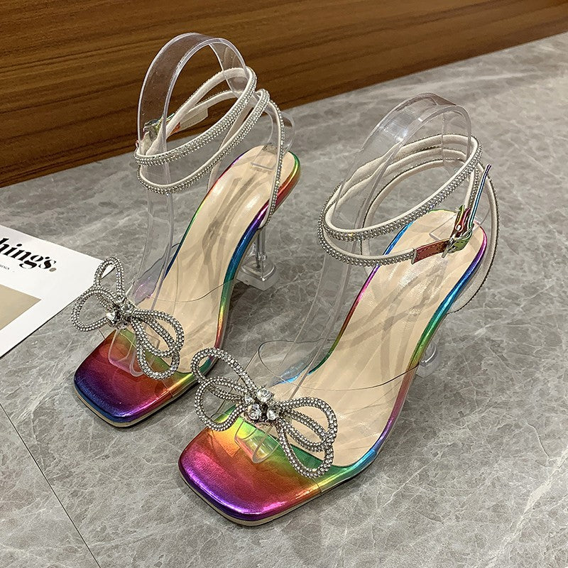 K Crystal Clear Wine Glass And Rhinestone Bow Sandals