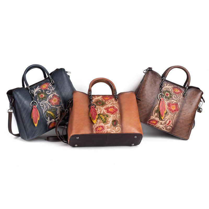 K Retro Genuine Leather Embossed Distressed Simple Large-Capacity Tote Bag