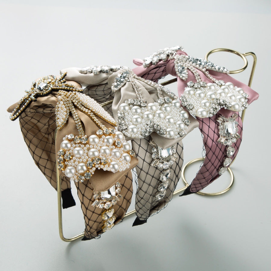 K Baroque Fabric Bow Full Diamond Pearl Headband