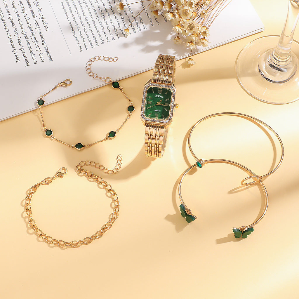 K Wild Emerald Square Steel Watch Butterfly Bracelet 5pcsset Gift Set