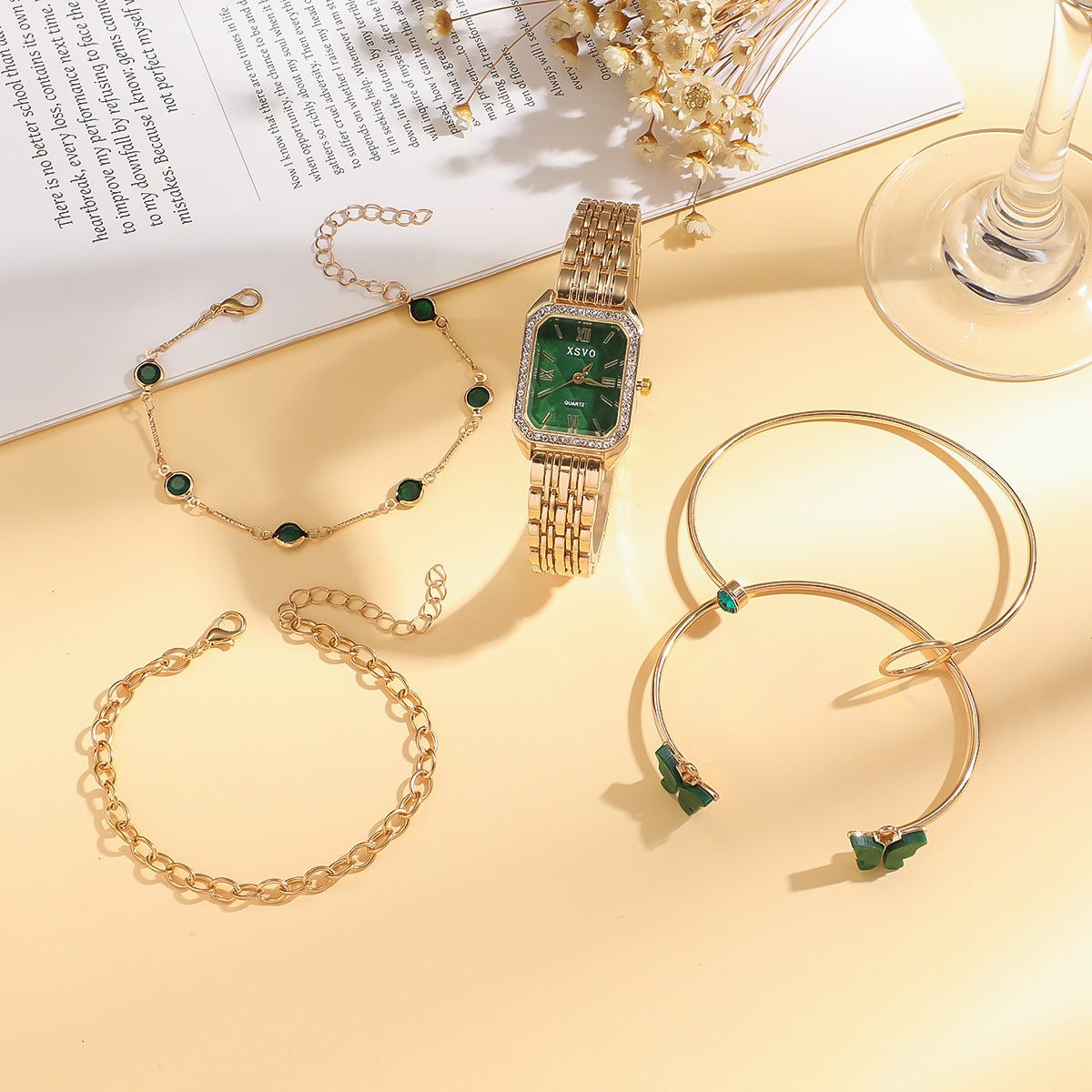 K Wild Emerald Square Steel Watch Butterfly Bracelet 5pcsset Gift Set