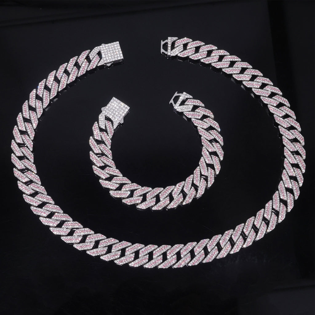 K Diamond-studded Spring-clasp Cuban-link Necklace