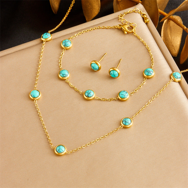 K Retro All-Match Blue Turquoise Stainless Steel Jewelry Set