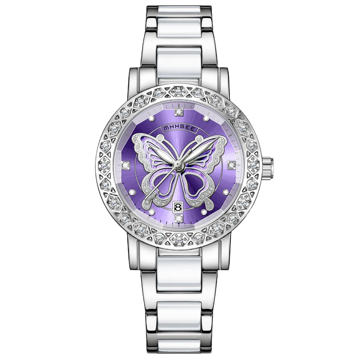 K Butterfly Diamond-encrusted Luxury Women's Watch With Calendar And Steel Strap