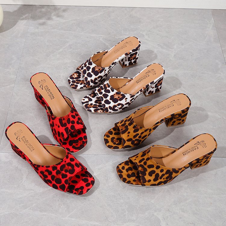 K Leopard Square Toe Sandals Summer High-heeled