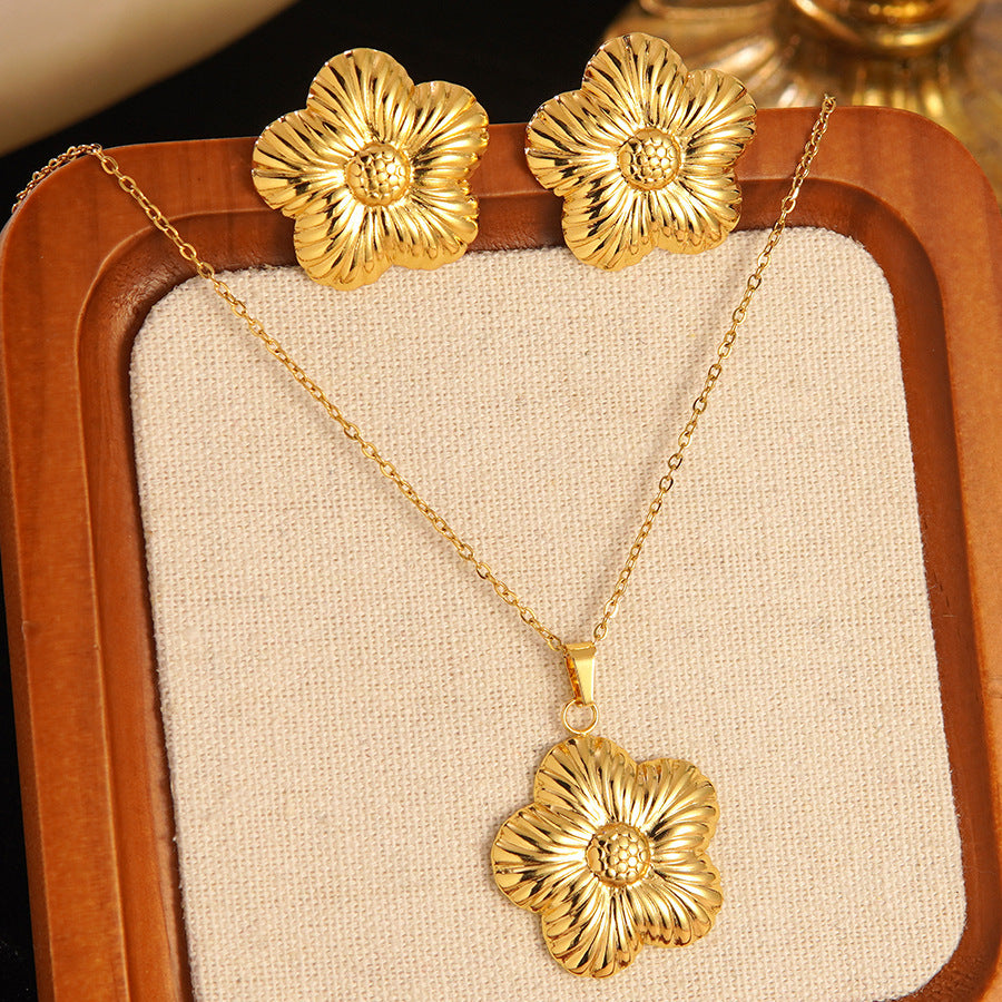 K Stainless Steel Heart Bow Flower Necklace And Earrings Set