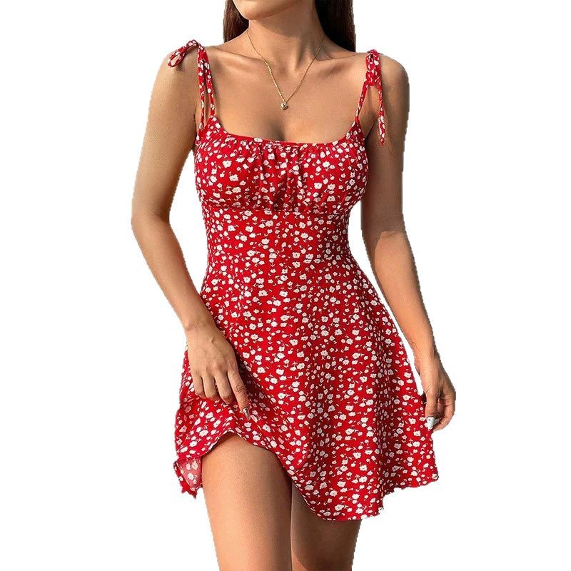 K Floral Print Dress Summer Sweet A- Line Waist Trimming Dresses Women's Slimming Casual Clothing