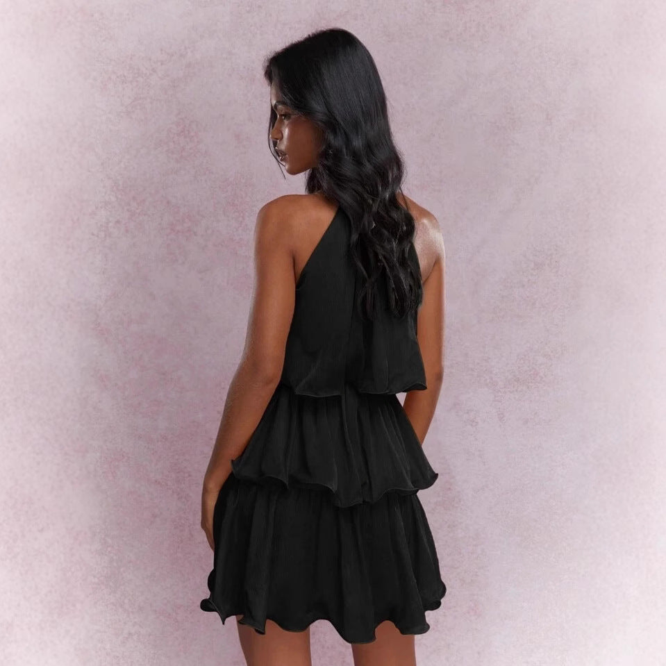 K Elegant Halter Neck Sleeveless Strapless Sheer Layered Dress - Ruffled Hem Elegant Women's Summer Party Dress  Beach Vacation Outfits