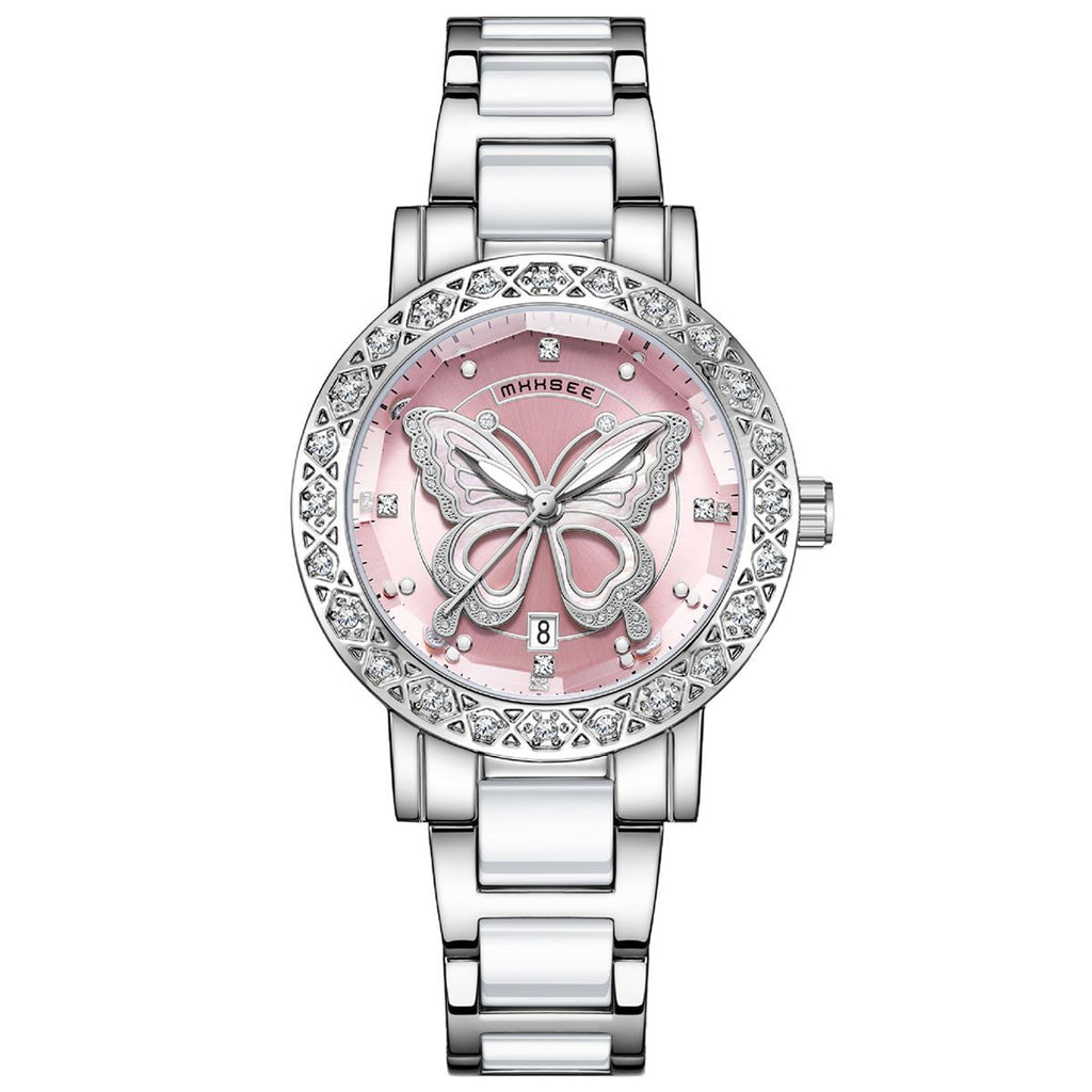 K Butterfly Diamond-encrusted Luxury Women's Watch With Calendar And Steel Strap
