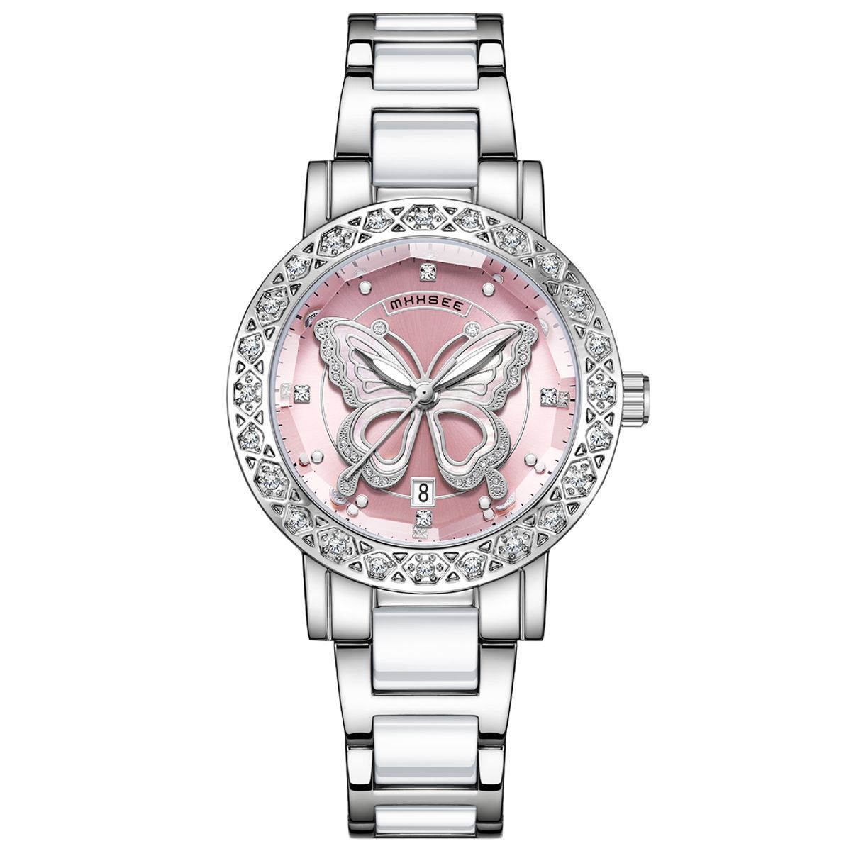 K Butterfly Diamond-encrusted Luxury Women's Watch With Calendar And Steel Strap