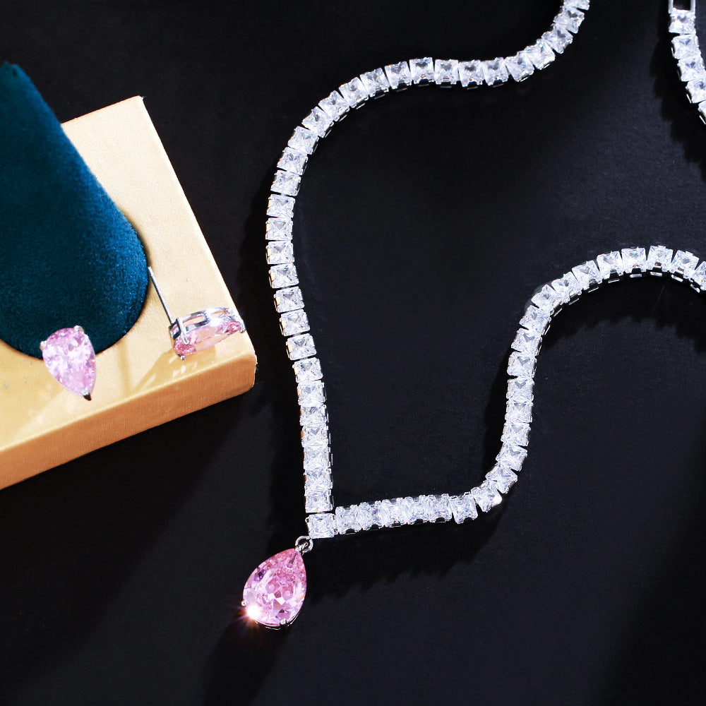 K Ear-stud Necklace Set A Slimming Two-piece Featuring Zircon Inlays