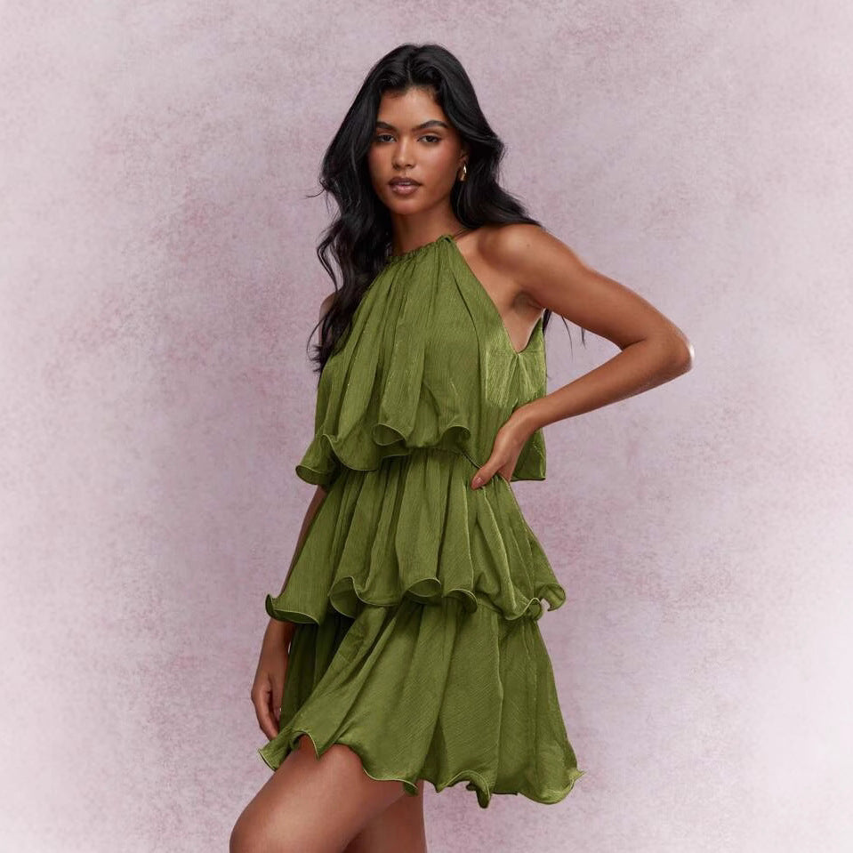 K Elegant Halter Neck Sleeveless Strapless Sheer Layered Dress - Ruffled Hem Elegant Women's Summer Party Dress  Beach Vacation Outfits