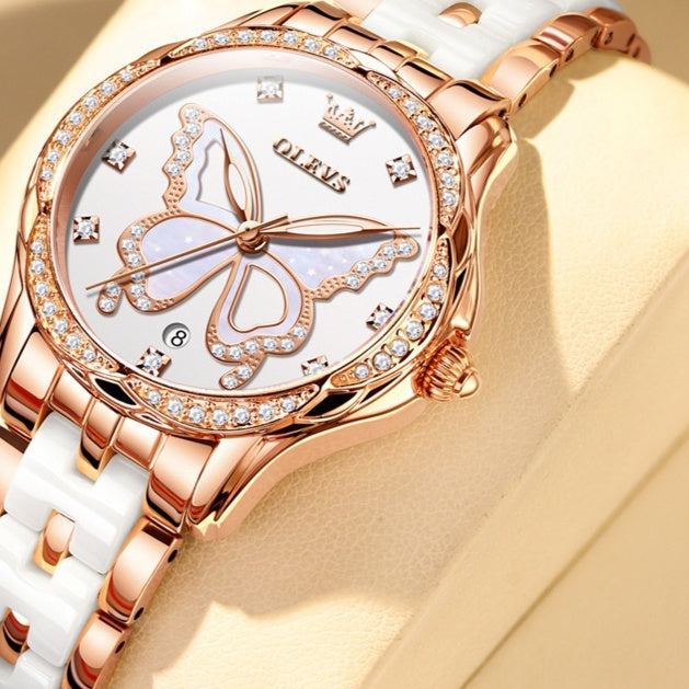 K Luminous Water-resistant Ceramic-band Quartz Watch For Women