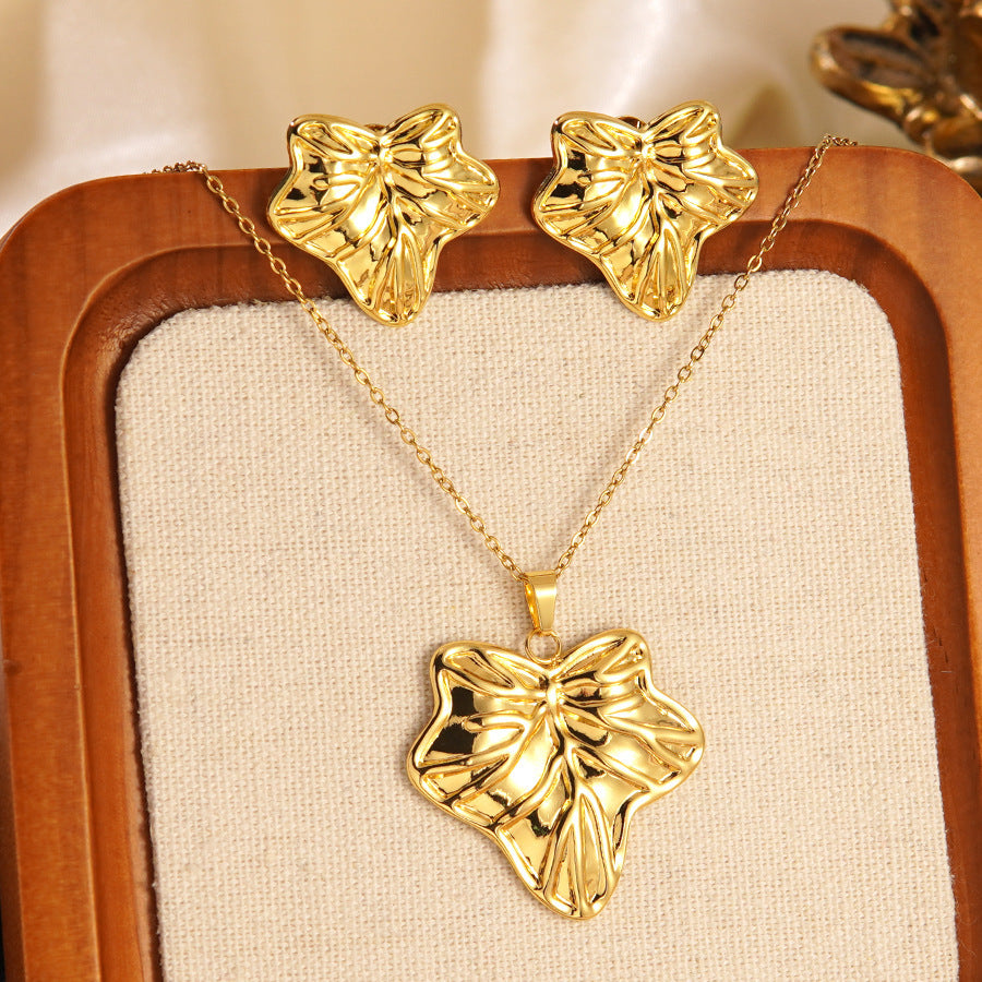K Stainless Steel Heart Bow Flower Necklace And Earrings Set