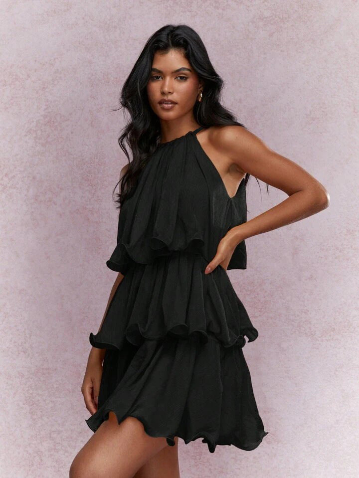 K Elegant Halter Neck Sleeveless Strapless Sheer Layered Dress - Ruffled Hem Elegant Women's Summer Party Dress  Beach Vacation Outfits