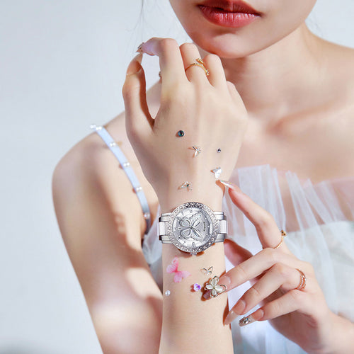 K Butterfly Diamond-encrusted Luxury Women's Watch With Calendar And Steel Strap