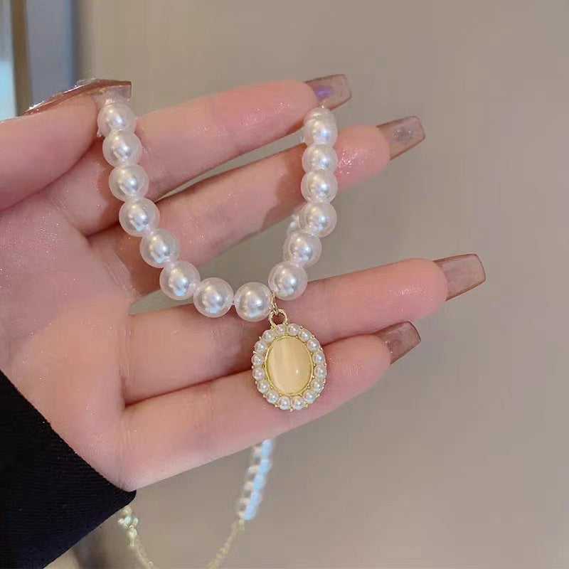 K French Retro Cat Eye Stone Pearl Necklace Earring Set