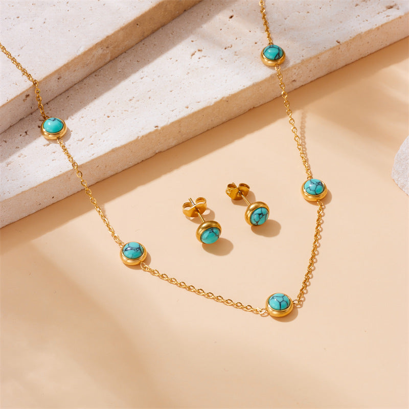 K Retro All-Match Blue Turquoise Stainless Steel Jewelry Set