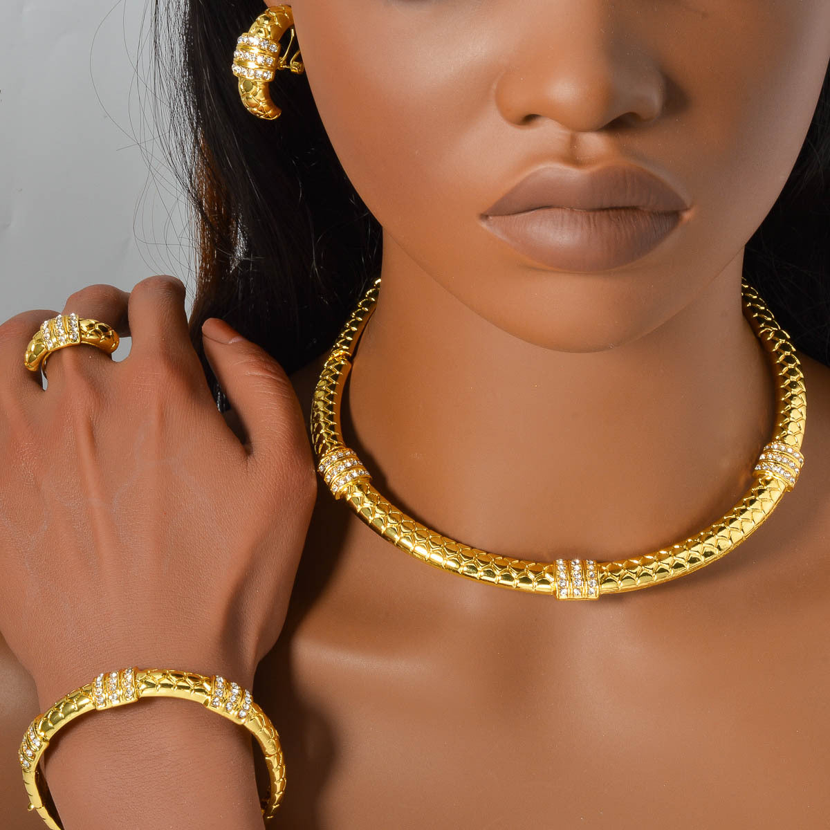 K style Diamond-studded Ring Bracelet Necklace And Earring Set