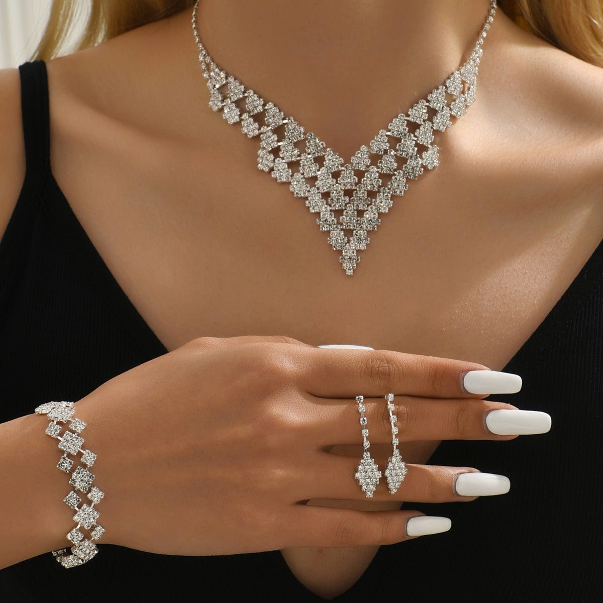 K Diamond-shaped Jewelry Necklace Bracelet Earrings For Women