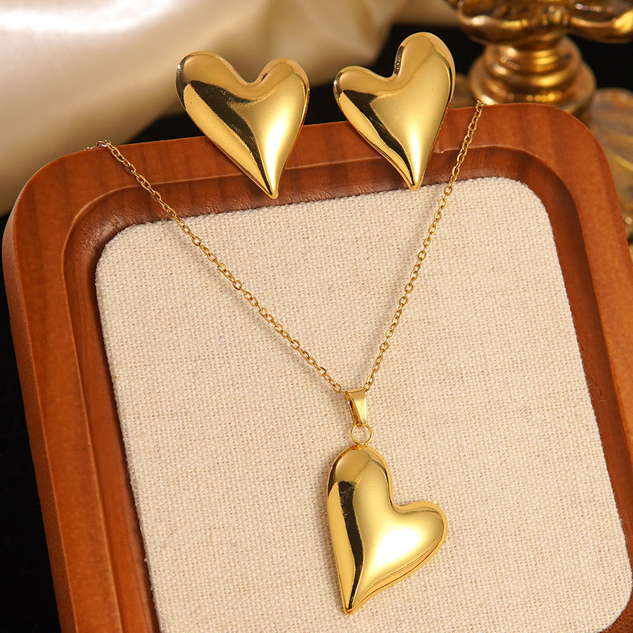 K Stainless Steel Heart Bow Flower Necklace And Earrings Set