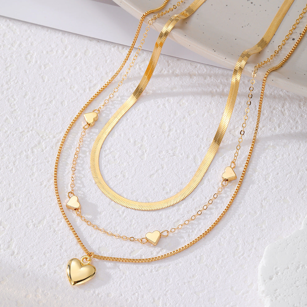 K Retro Geometric Heart-Shaped Fashionable Metal Multi-Layer Necklace For Women