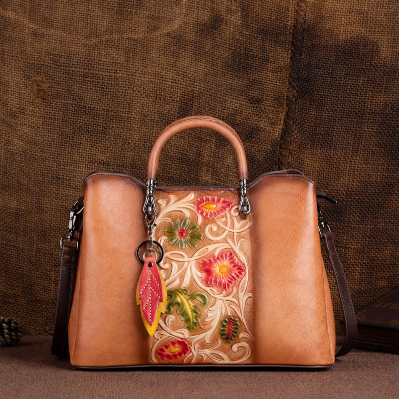 K Retro Genuine Leather Embossed Distressed Simple Large-Capacity Tote Bag