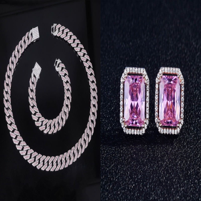 K Diamond-studded Spring-clasp Cuban-link Necklace