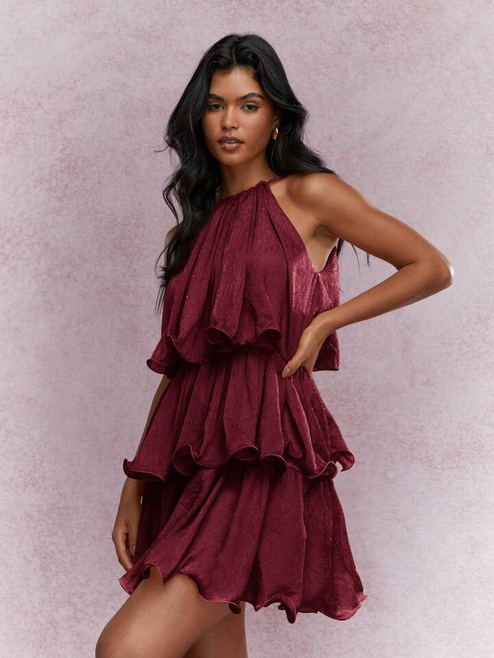 K Elegant Halter Neck Sleeveless Strapless Sheer Layered Dress - Ruffled Hem Elegant Women's Summer Party Dress  Beach Vacation Outfits