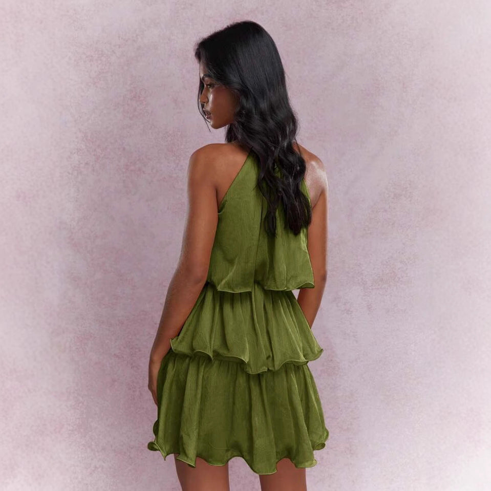 K Elegant Halter Neck Sleeveless Strapless Sheer Layered Dress - Ruffled Hem Elegant Women's Summer Party Dress  Beach Vacation Outfits