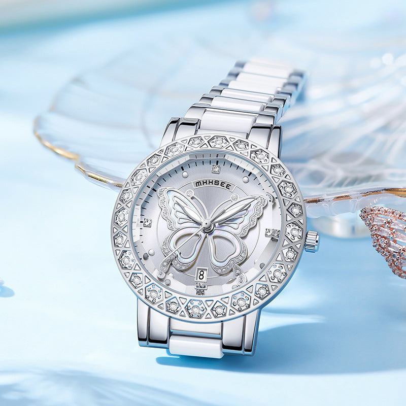 K Butterfly Diamond-encrusted Luxury Women's Watch With Calendar And Steel Strap
