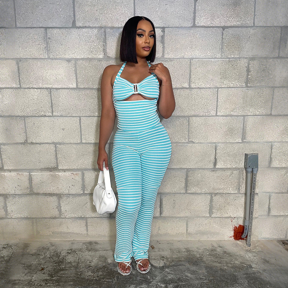 K Outerwear Paired With Slim-fit Pencil Pants Two-piece Jacquard Striped Set