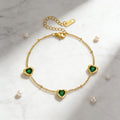 K Stainless Steel Necklace And Bracelet With Inlaid Green Diamond Hearts
