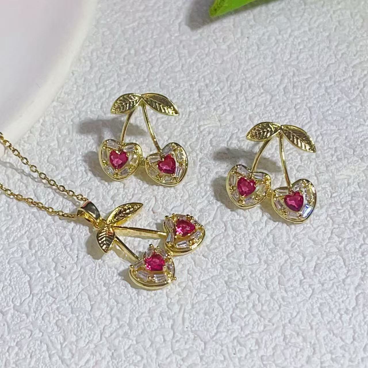 K Temperament Cherry Pendant Earrings Jewelry Set