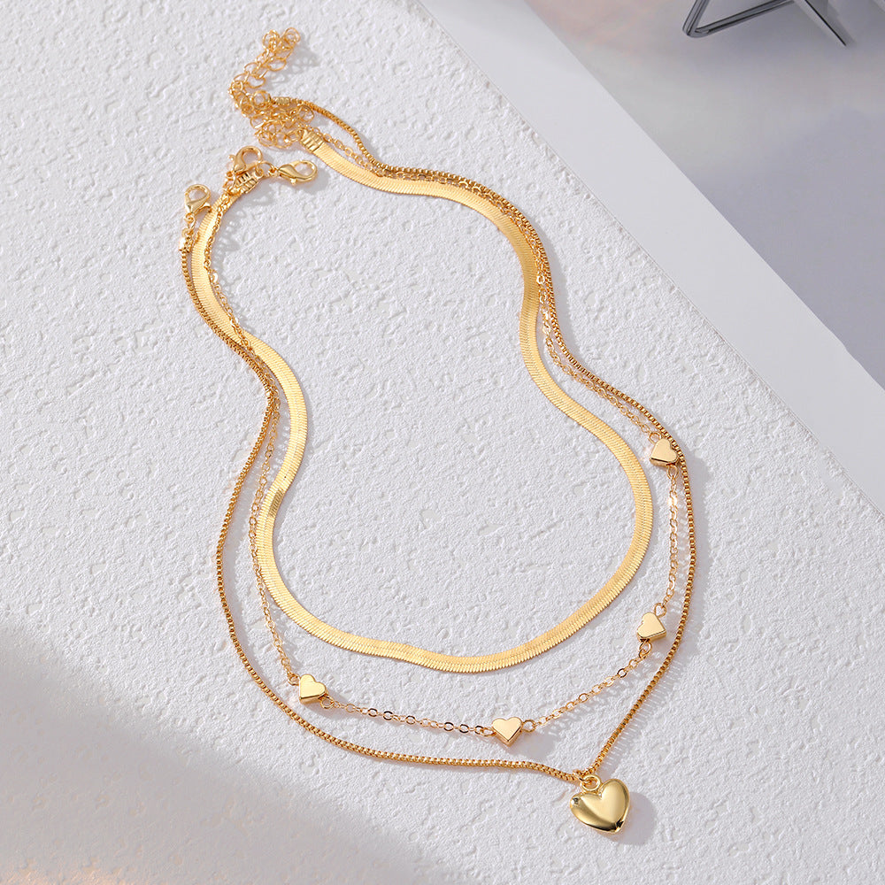 K Retro Geometric Heart-Shaped Fashionable Metal Multi-Layer Necklace For Women