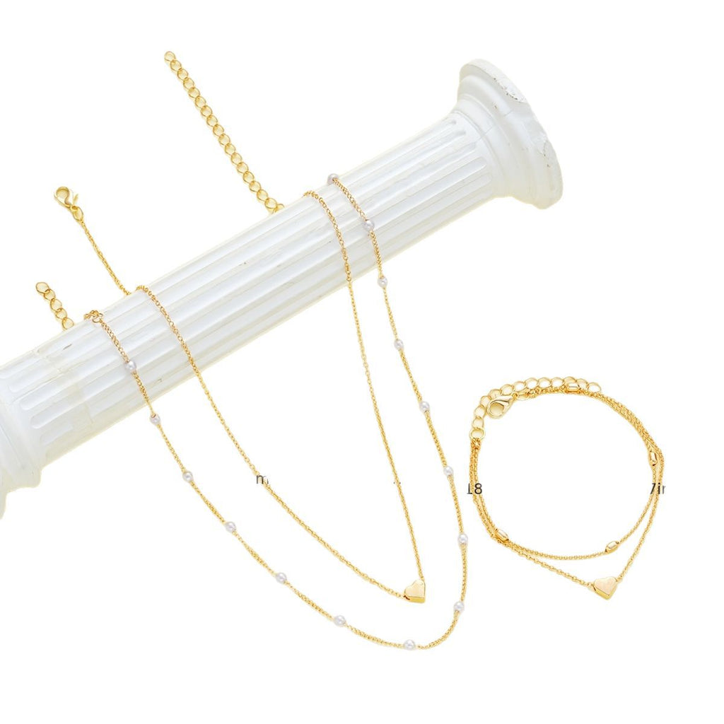 K Double-layer Stacked Bag Round Beads Love Pearl Bracelet Necklace Jewelry Set