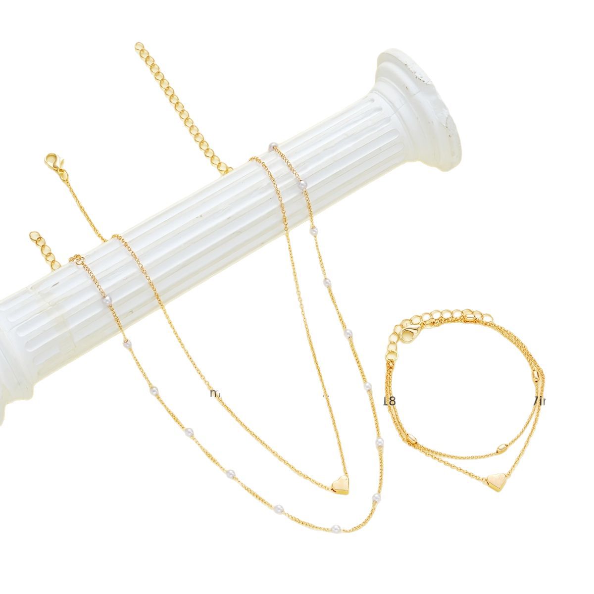 K Double-layer Stacked Bag Round Beads Love Pearl Bracelet Necklace Jewelry Set